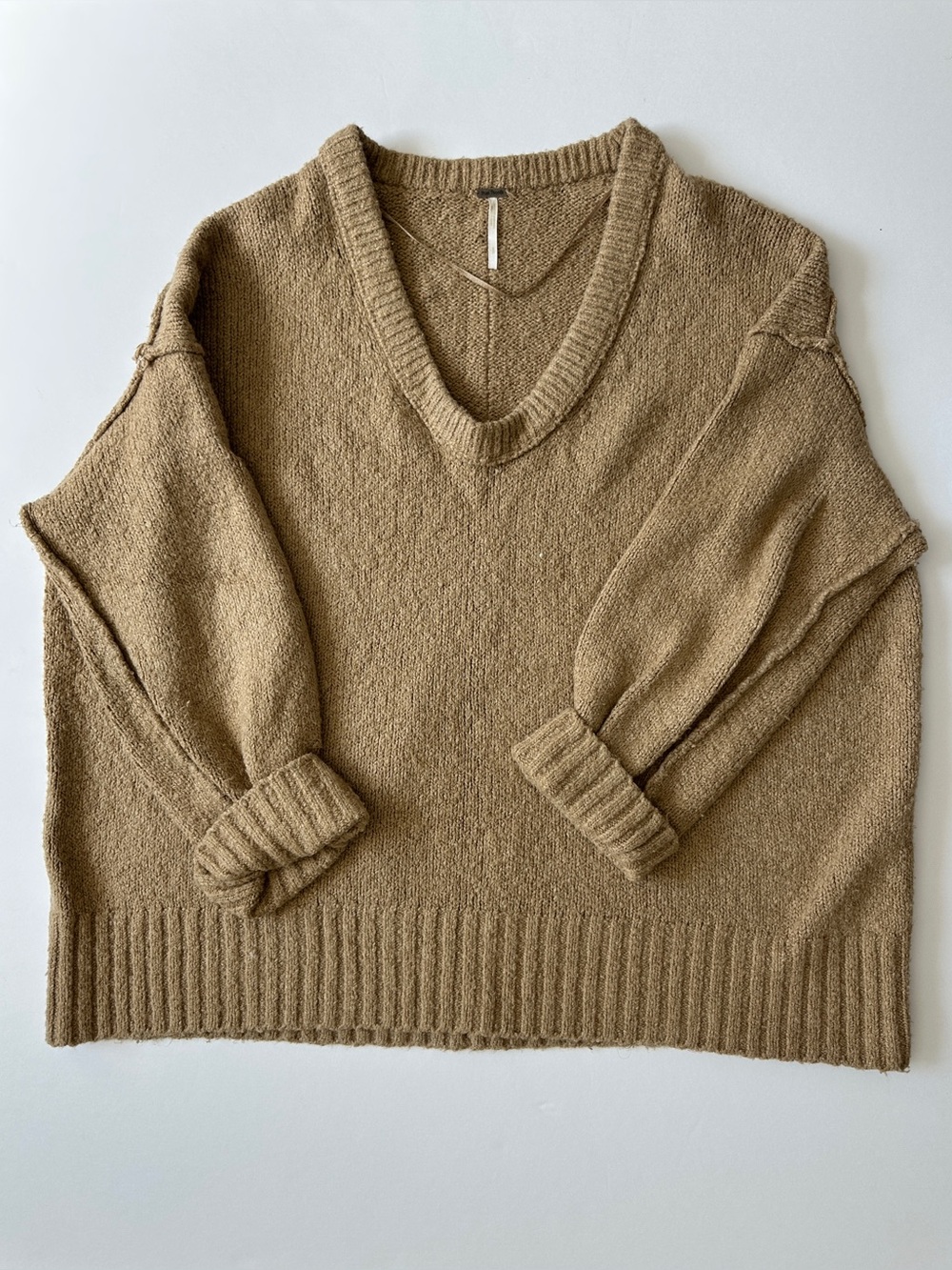 Free People Women's Oversized V-Neck Sweater Camel Brown - Size Small